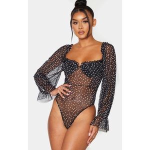 PrettyLittleThing Black Mesh Polka Dot Milkmaid Bodysuit Women’s W/ Ruffles